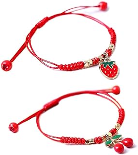 2Pcs Summer Fruit Strawberry Cherry Stretch String Bracelet Strawberry Cherry Beaded Charm Handmade Weave Red Rope Braided Adjustable Bracelet for Women Girl Best Friends Friendship Jewelry Gift