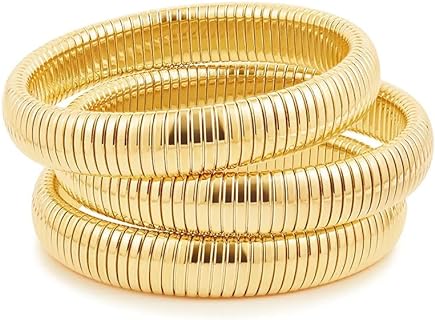 CONRAN KREMIX Gold Chunky Bangle Stretch Bracelets Set For Women 14K Real Gold Filled Stainless Steel Bracelet Stack Non Tarnish Trendy Jewelry 1.2CM Wide 3PCS Set