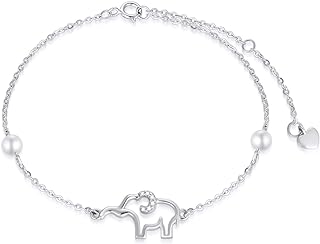 10K White Gold Pearl-Adorned Elephant Anklet with Box Chain and Spring Ring Clasp For Women, Stylish and Lucky Jewelry Gift for Girlfriend, Sister, Wife