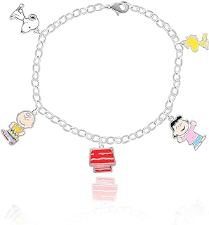 Snoopy Charm Bracelet with Box Chain and Lobster Clasp for Women, Official Licensed Peanuts Design, Silver Plated