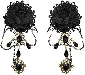 Lobster Clasp Steampunk Wedding Rings - Gothic Black Lace Bracelet & Finger Ring Design - Victorian Style Women's Hand Chain Jewelry for Costume Parties, Vintage Weddings, and Festivals