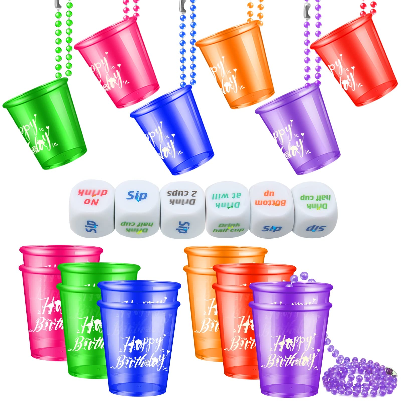 24 Pieces Shot Glasses,Happy Birthday Shot Glass Necklace on Beaded,Party Shot Glasses,Shot Cups,6pcs Party Game Dice for Birthday Wedding Party Supplies (Multi Color-6 Style)