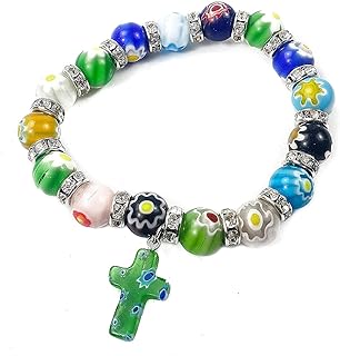 Nazareth Store Agate Colorful Flowers Beads Cross Bracelet Catholic Rosary Bangle Jerusalem Religious Christian Gifts for Boys Girls Jewelry for Women & Men