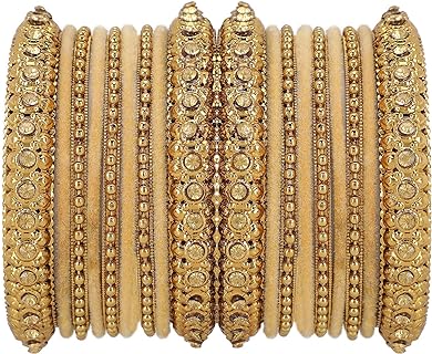 Ivory Bangle Bracelet Set with Box Chain & Spring-Ring Clasp for Women - Indian Oxidized Gold Tone, Boho Punk Crystal Studded & Metal Ball Design, Fashion Statement Jewelry (18 Pcs)