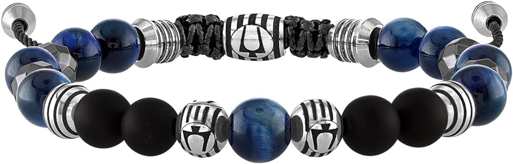 Bulova Classic Men's Stainless Steel Beaded Bolo Bracelet with Tiger Eye and Matte Black Onyx, 8MM Beads, Lightweight Design