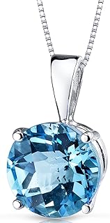 PEORA 14K White Gold Swiss Blue Topaz Pendant for Women, Genuine Gemstone Birthstone Solitaire, Round Shape, 8mm, 2.50 Carats total, AAA Grade