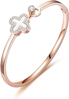 Four Leaf Clover Bracelet, Lucky Clover Rose Gold Bracelet Four Leaf Clover Embossed Charm Rhinestones Bangle Cuff Chain Bracelet for Women Girls