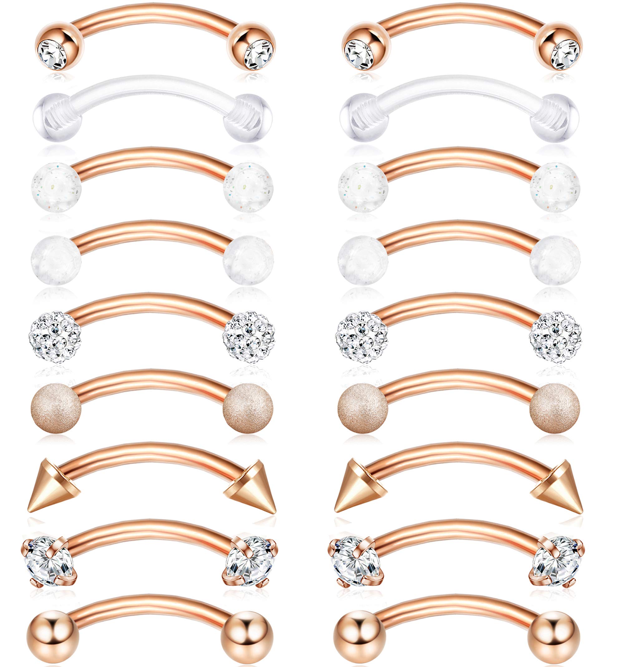 Subiceto 18 Pcs 16G Stainless Steel Rook Daith Earrings Eyebrow Piercings Belly Lip Ring Cz Punk Plastic Curved Barbell Body Piercing Jewelry