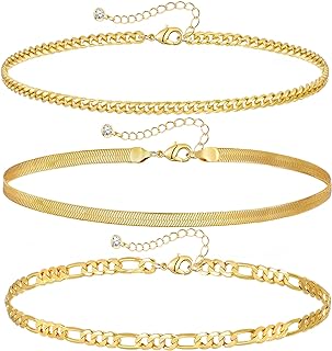 ABDOT 3PCS Gold Ankle Bracelets for Women 14K Gold Plated Anklets Beach Tennis Anklets for Women Waterproof Cute Evil Eye Anklet Adjustable Layered Cuban Anklets for Women Girls