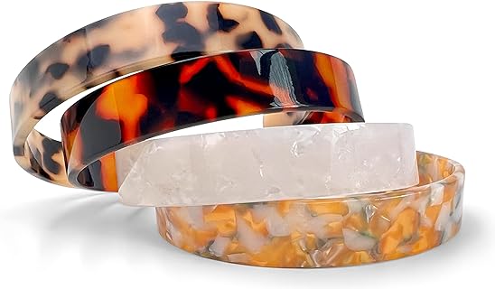 Viva Joya 4pcs Bangle Bracelets for Women, Resin Bracelet Set, Acrylic Plastic Adjustable Statement Tortoise Leopard Animal Print White Jewelry Gift Set, Regular and Plus Sizes