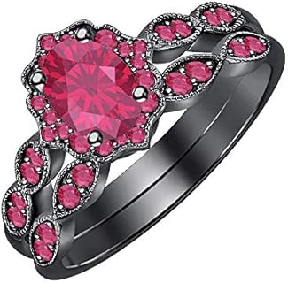 2Ct Oval Round Ruby 14k White Gold Over Sterling Silver Art Deco Vintage Style Wedding Engagement Bridal Ring Set For Womens