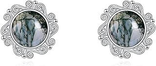 Sterling Silver Lapis Lazuli Larimar Black Onyx Moonstone Moss Agate Emerald Opal Stud Earrings Boho Jewelry Birthday Gifts for Women Girls