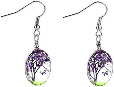 Tree of Life Glass Dangle Earrings, Dried Pressed Real Flowers Teardrop Earrings Hook Earrings for Women Girls