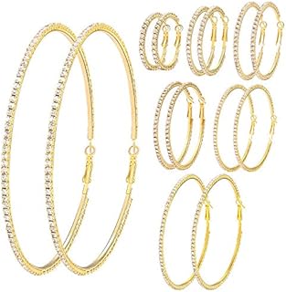 7 Pairs Gold Silver Large Rhinestone Hoop Earrings Set Big Sparkly 3-10cm Round Hoops Earrings Jewelry for Party Gift Wedding Date