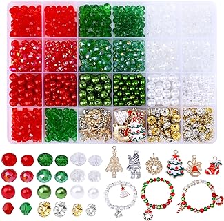 JADVY 1000pcs Glass Bead Christmas Bracelet Making Kit in Glass, Featuring Crystal, Pearl and Spacer Beads with Christmas Pendants
