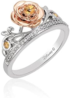 Enchanted Disney Belle-Inspired Rose Design Wedding Ring in 14K Rose Gold and Sterling Silver with Yellow Citrine for Women, Size 5