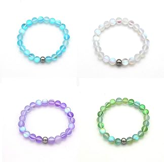 Mystic Mermaid Multicolor Glass Bead Bracelet Set with Elastic Bead Chain for Women & Girls, Matte Glitter Natural Stone Design