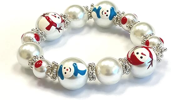 Adult Christmas Bracelet with 3D Hand Painted Glass Beads by Linpeng in Snowman Design - Stretch Style, Bag Included