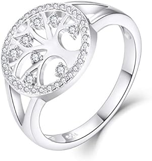 JO WISDOM 925 Sterling Silver Tree of Life Engagement Ring with Cubic Zirconia for Women, Round Yggdrasil Design