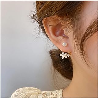 Boho Tulip Ear Cuff Wrap Earring Gold Pave Rhinestone Flower Ear Jacket Earring Statement Pearl Piercing Wrap Stud Earring Crystal Flora Climbers Crawler Earrings Jewelry for Women and Girls