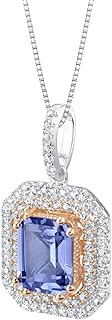 PEORA Simulated Tanzanite Pendant Necklace for Women 925 Two-tone Sterling Silver, Elegant Octagon Shape 4 Carats 10x8mm, with 18 inch Chain