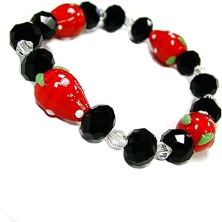 Linpeng Lampwork Bead Bracelet in Glass with Stretch Cord, Featuring Faceted Crystal Accents for Adults, Red & Black Design