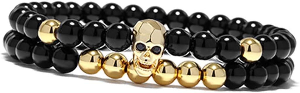 Halloween-Themed Men's Beaded Bracelet with Bead Chain - Choistily Gothic Skeleton Head Design, Black Non-Metallic Natural Stone