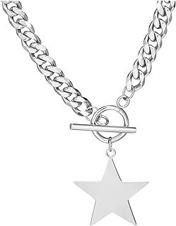 Silver Star Necklace Handmade Star Pendant Necklace Stainless Steel Star Choker Necklace Cuban Chain Necklace for Women Teen Girls Gifts