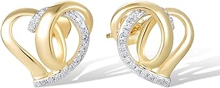 Santuzza 10K Yellow Solid Gold Love Heart Earrings Genuine Diamond Dainty Heart Stud Earrings for Women