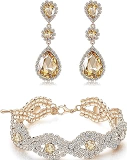 Paxuan Bridal Austrian Crystal and Rhinestone Jewelry Set - Silver/Gold Plated Earrings & Bracelet with Lobster Clasp for Weddings and Special Occasions