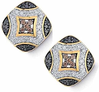 Fingalo 0.75 Carat (ctw) 14K Yellow Gold Three Stone Black, Champagne and White Diamond Fine Stud Earrings