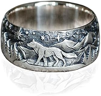 Engraved Wolf Rings for Men Women,Silver Plated Stainless Steel Retro Norse Viking Wolf Rings,Vintage Punk Biker Cocktail Party Wolf Head Rings Rings Jewelry