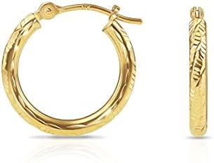 14k Yellow Gold Hand Engraved Diamond-cut Round Hoop Earrings