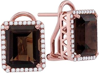Chic 14K Rose Gold Stud Earrings with Emerald-Shaped Smoky Quartz & Diamond Gems, Secured by French Clips - Dazzlingrock Collection