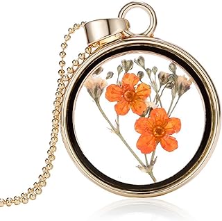 Durable Copper-Clasp Orange Pressed Flower Pendant Necklace+Cable-Chain Design+Charming Gift for Women+Round Floral Design
