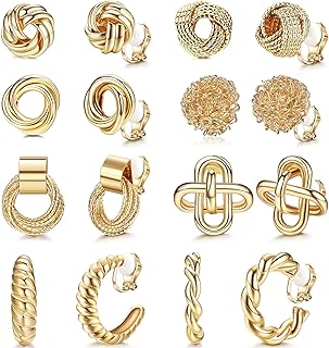 ORAZIO 8 Pairs Clip On Earrings for Women Gold Clip On Hoop Earrings Silver Clip On Stud Earrings Twist Chunky Hoop Earrings Non Pierced Fake Earrings Set