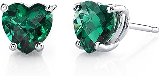 Peora Solid 14K White Gold Created Emerald Heart Stud Earrings for Women, Classic Solitaire Studs, 6mm, 1.50 Carats total, Friction Back