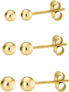 14k Gold Plated Sterling Silver Ball Stud Earrings | Hypoallergenic Push Back Design | Set of 2mm, 3mm & 4mm | Perfect for Women and Girls