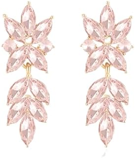 Push-Back Pink Crystal Drop Earrings with Rhinestones for Women & Girls - Stainless Steel & Zinc Leaf Design