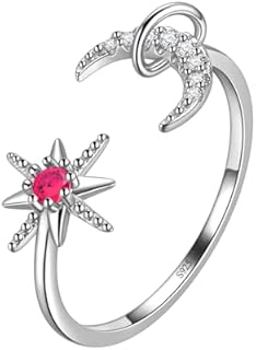 Aurora Tears Dainty Heart Flower Bow Star Moon Ring for Women - 925 Sterling Silver Eternity Stackable Engagement Simple Crystal Moonstone Thin Band Opening Double Ring Ajustable Line Rings for Girls