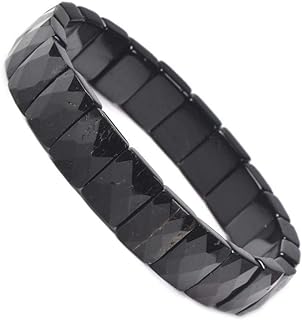 Black Tourmaline Bead Bracelet with Bead Chain for Men and Women, 12mm Faceted Rectangle Design by Justinstones