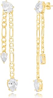 14K Gold Plated CZ Double Stud Chain Earrings for Women by MAX + STONE - Stylish and Comfortable with Butterfly Clasp, Hypoallergenic and Lightweight Dangle Chain Design