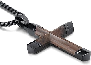 Cross Necklace for Men, Real Ebony Wood Mens Cross Necklace Black Stainless Steel Christian Handmade Wooden Pendant for Boy, Free 24 Inch Box Chain