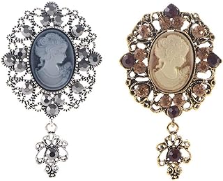 Brooch Pins 2PCS Vintage Cameo Brooch Pins Women Crystal Pendant Brooches Alloy Rhinestones Brooch Flower Brooch Fashion Jewelry Clothing Accessories