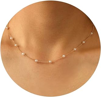 14K Gold Plated White Pearl Necklace with Lobster Clasp, Cable Chain for Women, Elegant Dainty Pearl Design