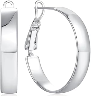 Sterling Silver Hoop Earrings for Women, Cubic Zirconia Embellished, Flat Square-Edge Design with Easy Clip-On Clasp, Comfortable and Hypoallergenic (22mm*4.5mm)