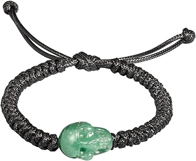 Unisex Black Obsidian & Green Aventurine Jade Skull Bracelet with Handmade Braided Rope Chain & Push-button Clasp