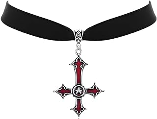 Gothic Upside Down Cross Choker Necklace Red Inverted Cross Black Velvet Choker Satanic Protection Amulet Jewelry Gift