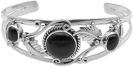 NOVICA Handmade Onyx Cuff Bracelet .925 Sterling Silver Leafy from Bali Red Indonesia Tree Birthstone 'Night Leaves'