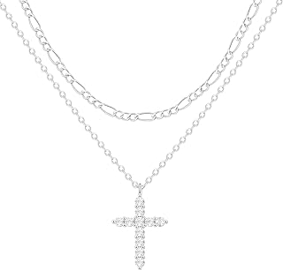 Lobster Clasp Cubic Zirconia Layered Cross Pendant Necklace with Sterling Silver Plated Chain for Women - Hypoallergenic Brass Jewelry Design